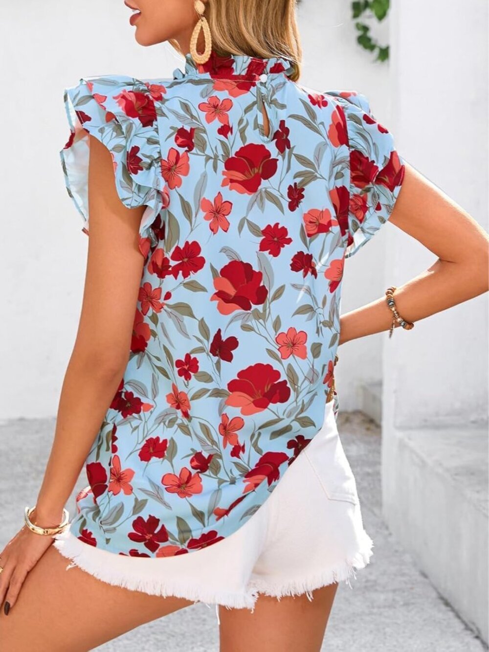 Women's Light Blue Flower Floral Trim Neck Casual Short Sleeve Summer Tops - Picture 5 of 6